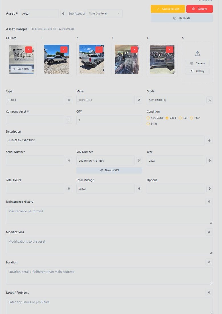 Asset List Creator entry screen — ID-plate scan, photos, specs, and all three value fields on one record