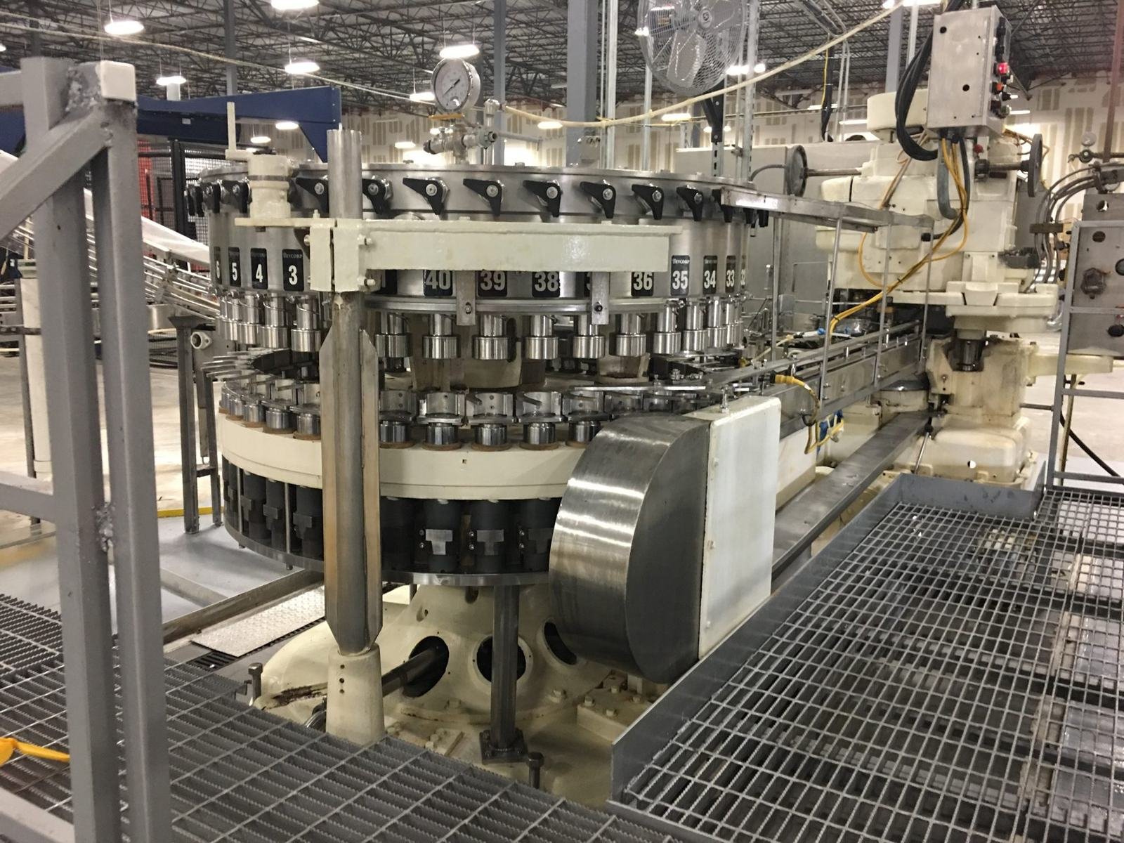 A rotary filler on a beverage packaging line.