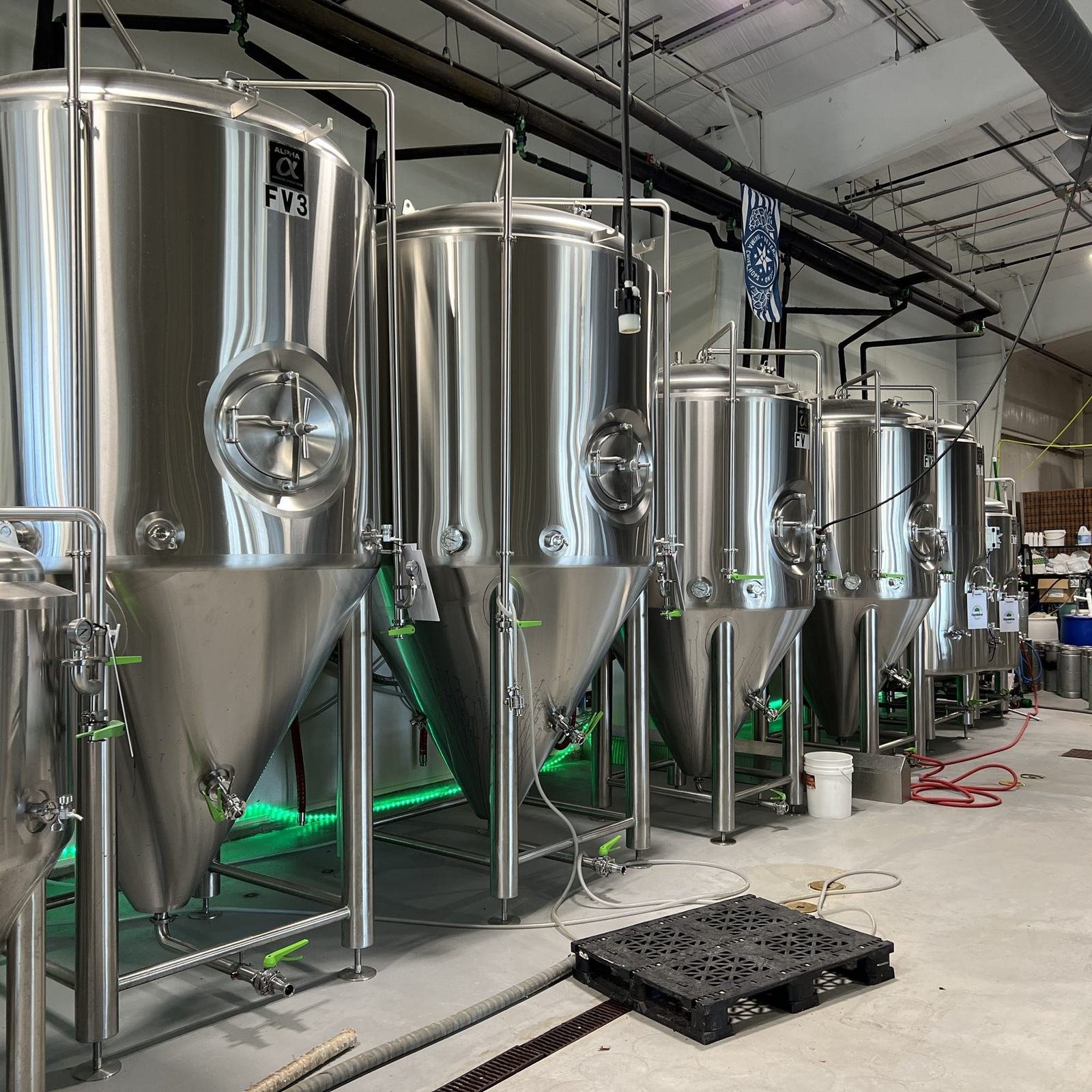 A row of stainless cylindroconical fermenters in a brewery cellar.