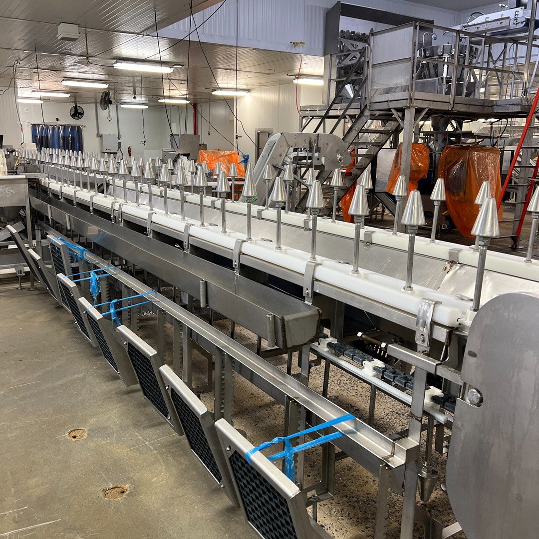 A stainless breast-deboning cone line running the length of a poultry processing plant.