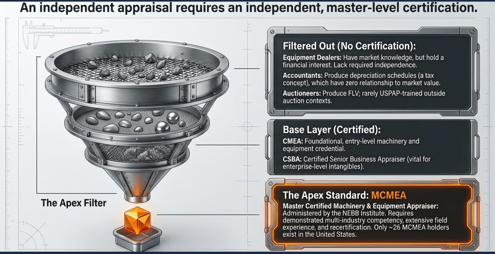 An independent appraisal requires an independent, master-level certification: equipment dealers, accountants, and auctioneers are filtered out for lack of independence or relevant methodology, leaving the credentialed MCMEA appraiser, of whom there are about 26 in the United States.