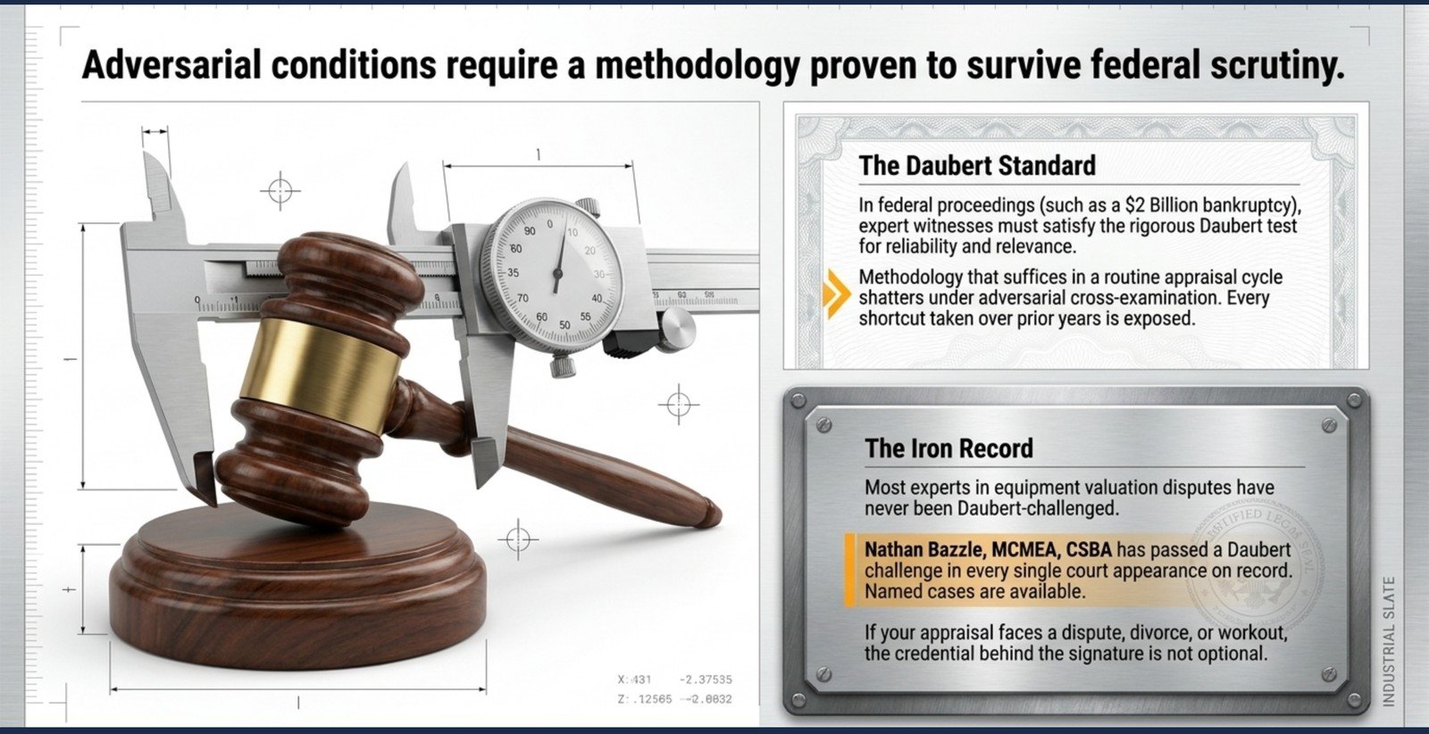 Adversarial conditions require a methodology proven to survive federal scrutiny. In federal proceedings, expert witnesses must satisfy the Daubert test for reliability and relevance; methodology that suffices in a routine appraisal cycle shatters under adversarial cross-examination, and every prior shortcut is exposed.