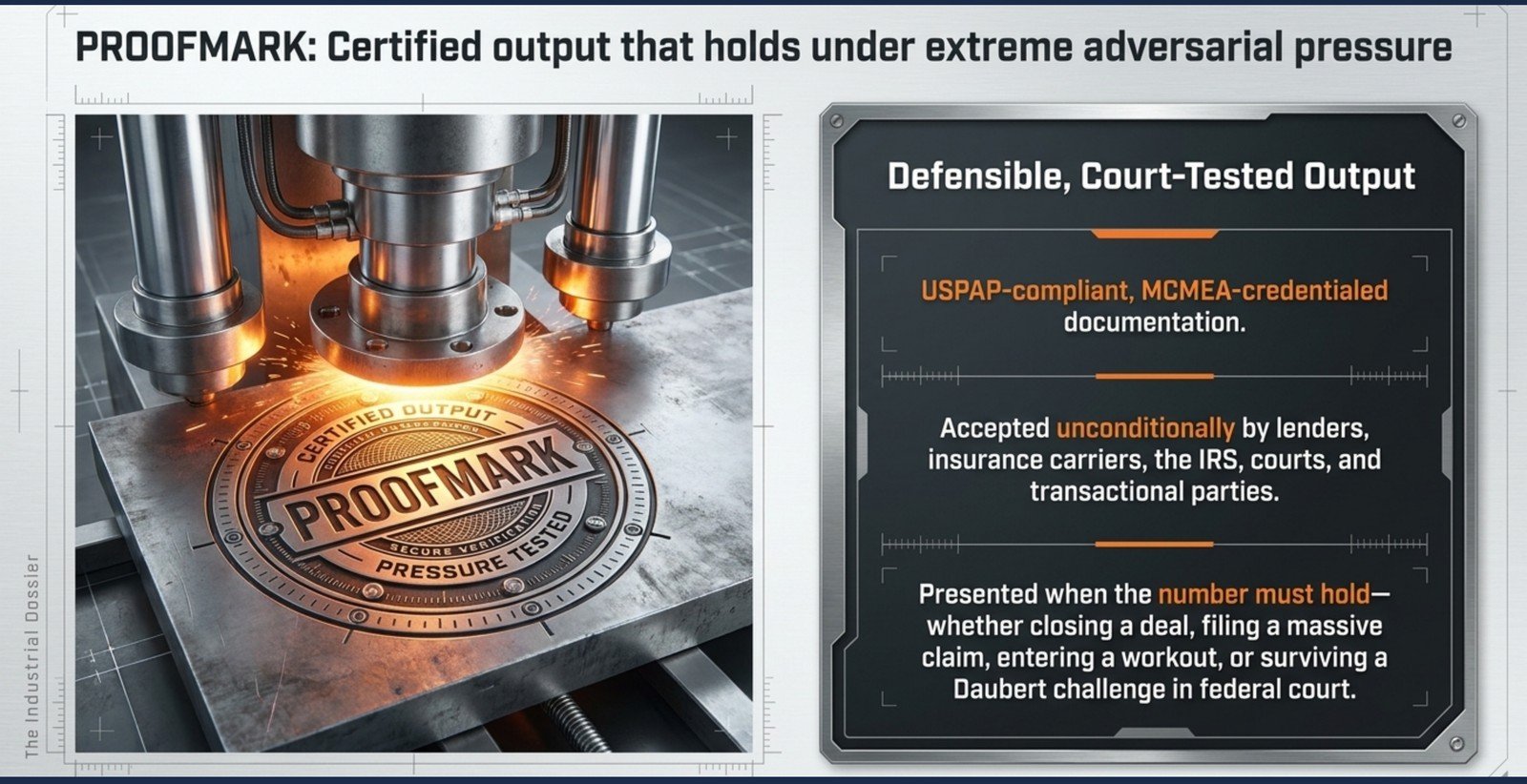 A certified, court-tested output: USPAP-compliant, MCMEA-credentialed documentation accepted by lenders, insurance carriers, the IRS, courts, and transactional parties, and presented when the number must hold — closing a deal, filing a claim, entering a workout, or surviving a challenge in federal court.