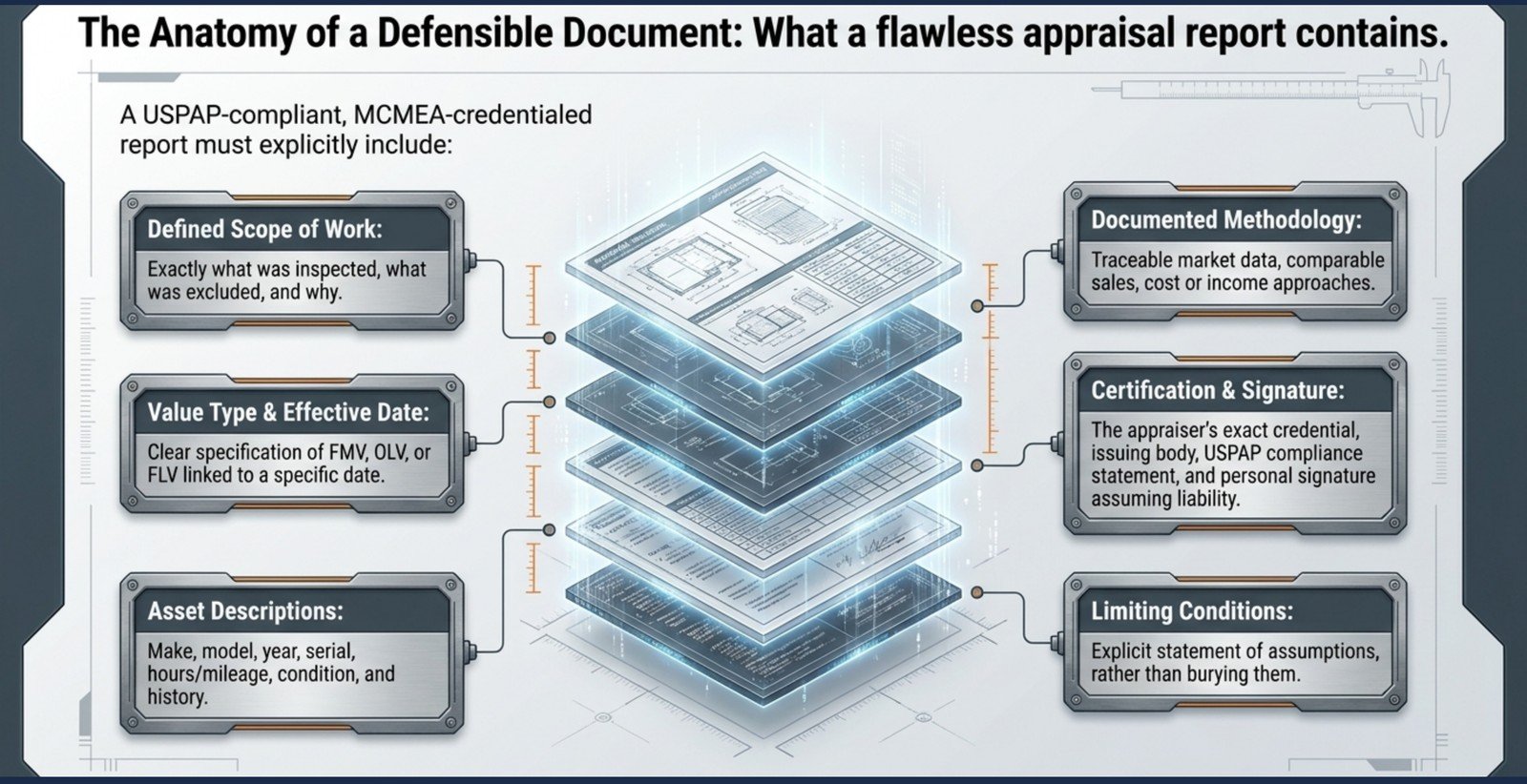 The anatomy of a defensible USPAP-compliant appraisal report: defined scope of work, asset descriptions, value type and effective date, documented methodology, certification and signature assuming liability, and explicit limiting conditions.