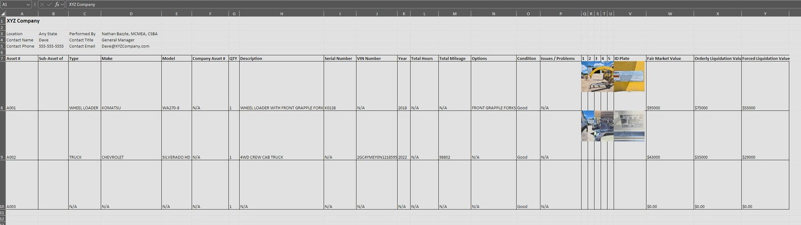 Excel export of the asset list — specs, photos, and value columns for every asset