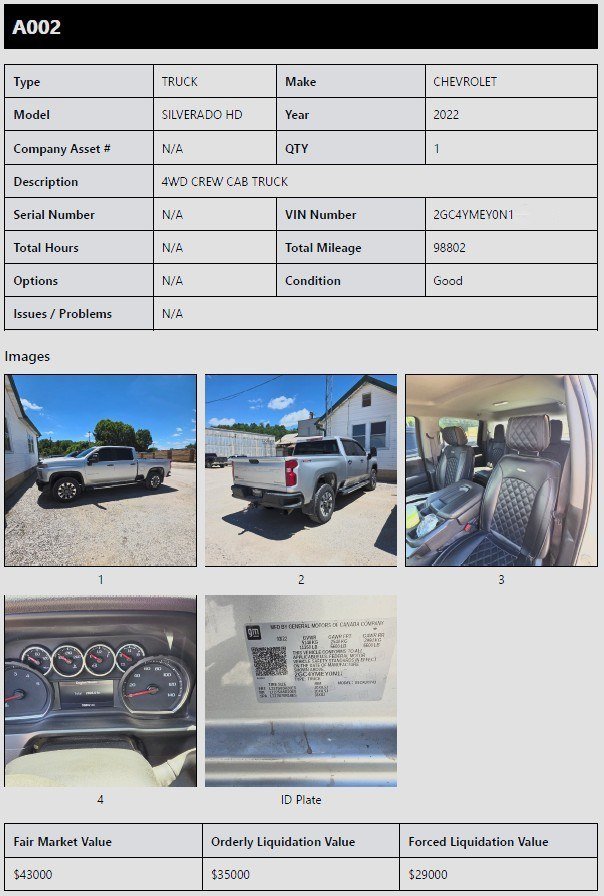 PDF report for a single asset with specifications, field photos, and value ranges